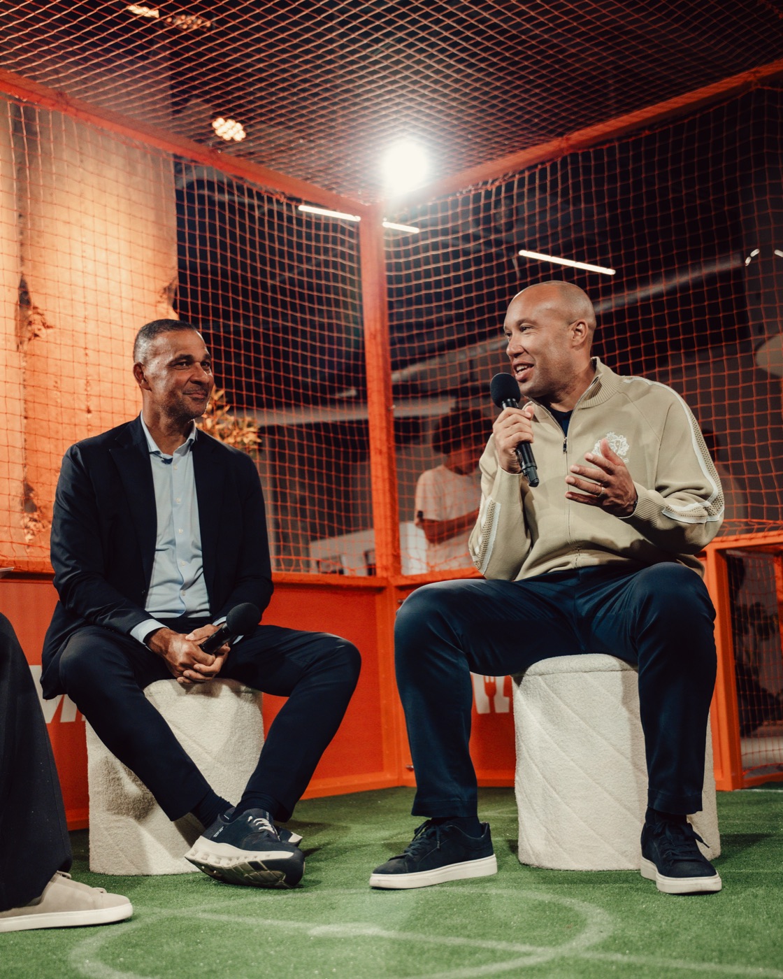 Mikaël Silvestre in conversation with Ruud Gullit at a Just Eat football event